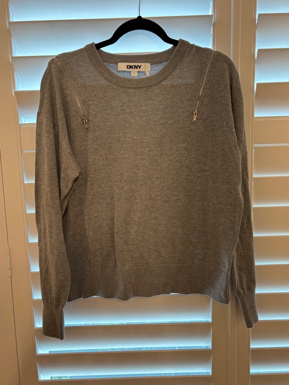 DKNY Light Gray Ribbed-Knit Crewneck Sweater